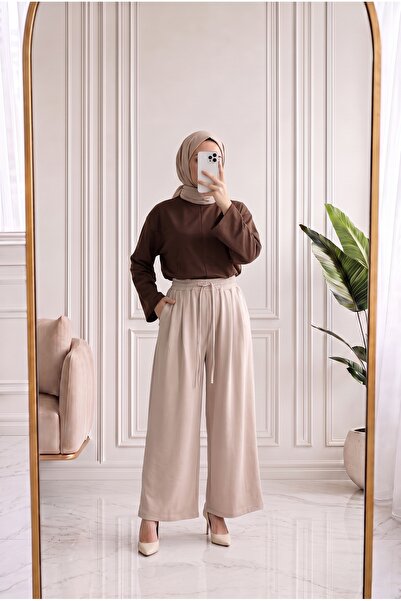 MİHRA STORE Gülcemal Drawstring Skirt Trousers-By5000 Stone