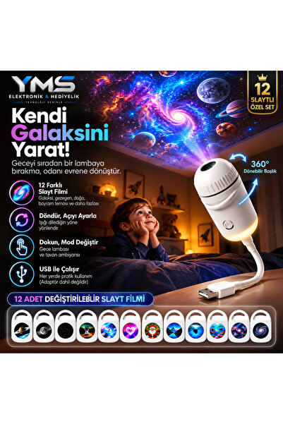 12 Slaytlı Galaksi Projektör Gece Lambası – Değiştirilebilir 12 Farklı Görsel, 360° Ayarlanabilir, USB LED Tavan Projeksiyon
