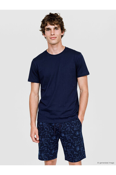 LC Waikiki Nevavm Navy Blue Combed Cotton Plain Short Sleeve Men's Pajama Top...