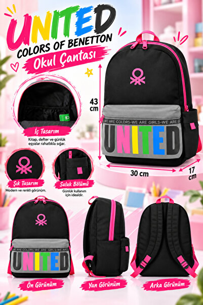 Benetton School Bag – Black and Pink Backpack with Large Internal Volume and ...