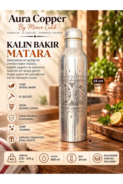 AURA COPPER Ağır El İşlemeli Bakır Matara 600 ml – El Yapımı Kapaklı Su Şişes...