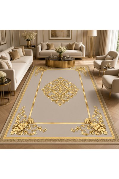 LovisaHome Bej Altın Saray Madalyon Yıkanabilir Dijital Baskı Halı