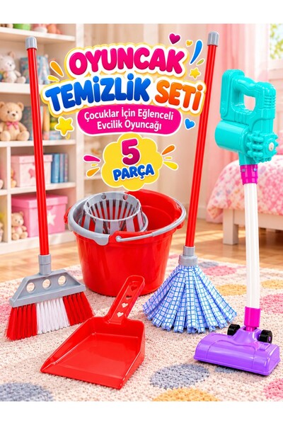 a v d a 5 Parça Oyuncak Temizlik Seti – Dikey Süpürge, Fırça Süpürge, Mop , K...