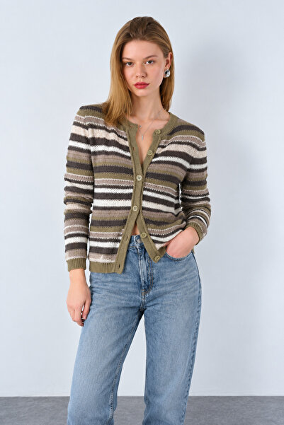 Lupies Women's Cycling Khaki-Brown Buttoned Knitwear Cardigan