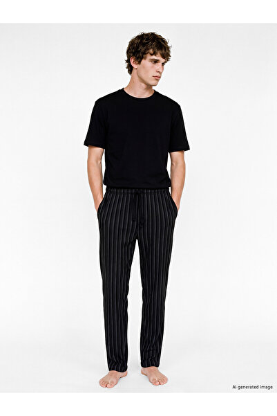 LC Waikiki Nevavm Black Combed Cotton Striped Men's Pajama Bottoms