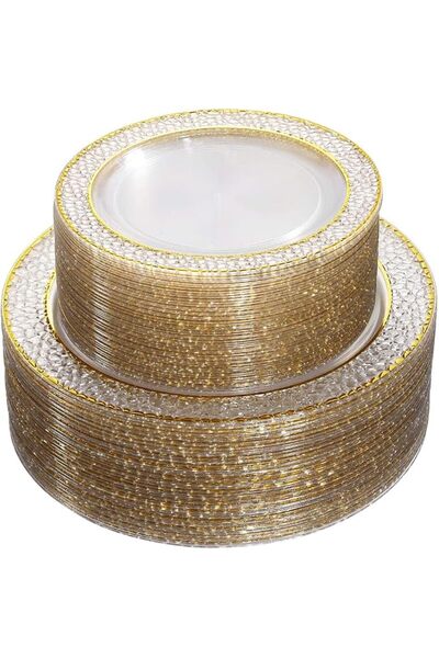 KASTWAVE 50 Pcs Gold Plastic Plates, Heavy Duty Disposable Clear Gold Party P...