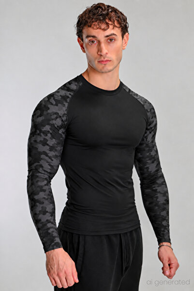 FitVult Kol Kamuflaj Baskılı Uzun Kollu Askeri Kamuflaj Compression Spor Uzun...