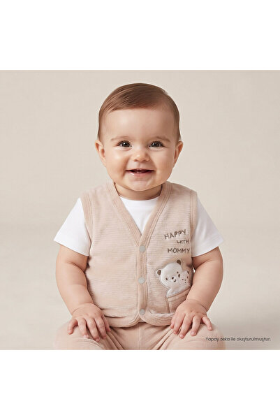 Bebetto Erkek Bebek Yelek Ayı Baskılı Çıtçıtlı V Yaka Short Sleeve