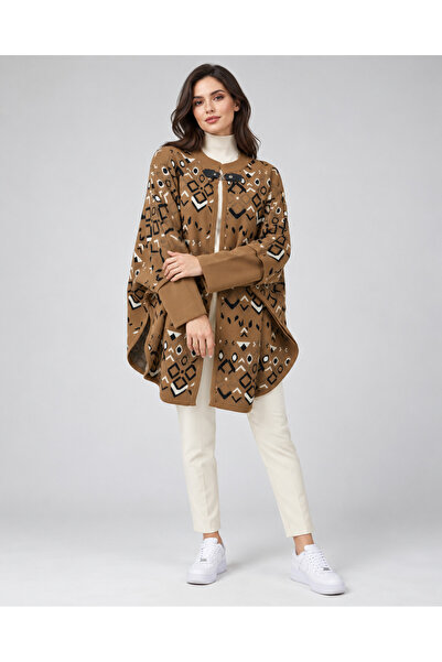 Uludağ Triko Women's Patterned Knitwear Poncho - Cream