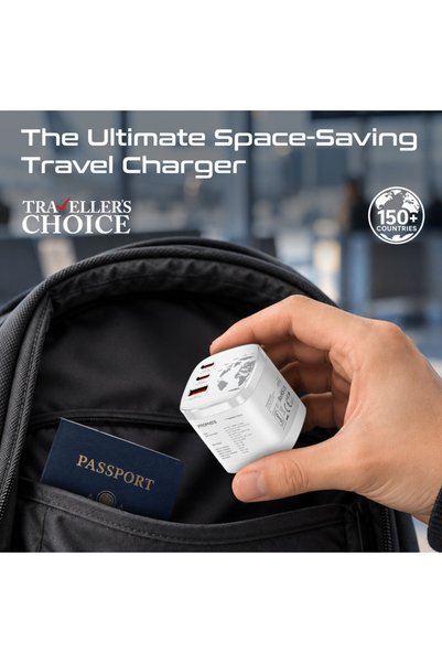 Promate 70W Universal Travel Charger, Fast Charger with Rotating Multi-Plug Design, UK 3-Pin, EU 2-Pin, USA and AU Plug Support, Dual USB-C PD, Ultra-Compact International Charger (TripMate-70Uni)