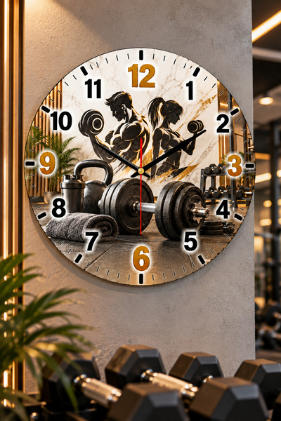 AA Shop Zidni sat sa temom fitnes teretane 45 cm, UV štampa, tihi mehanizam z...