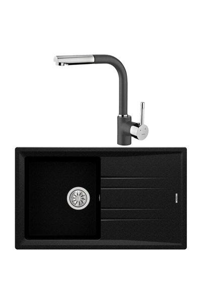 Teka Stone 50 B-TG Granit Metalik Siyah Evye, ARK 938 Spiralli Metalik Siyah Armatür