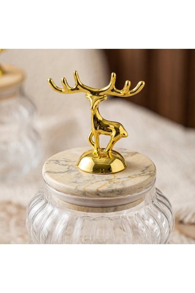LeylArt Set of 2 Glass Jars with Deer Figures and Bamboo Stands – Decorative Storage Container