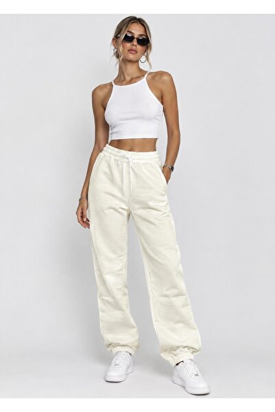Hera Moda Women's Cream Fleece-Lined Winter High-Waist Thick Belted Jogger Sw...