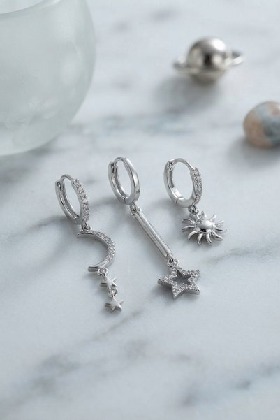 STİLLOVE Set of 3 Moon, Star and Sun Model Silver Color Women's Earrings