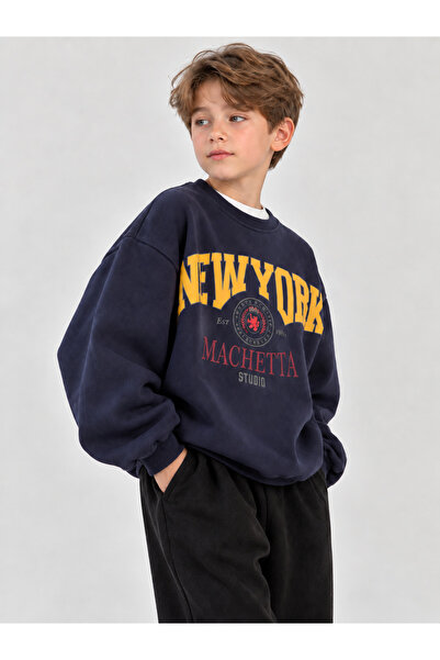 Machetta Çocuk Oversize New York Baskılı Bisiklet Yaka Sweatshirt