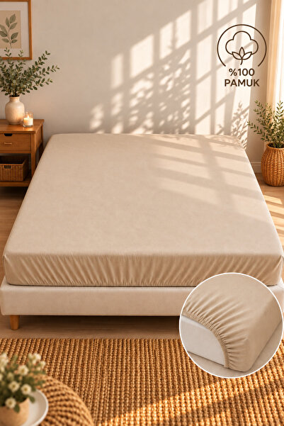 Cottessia Home Bež 100% organski pamuk postavljena plahta 180x200 + 30 cm