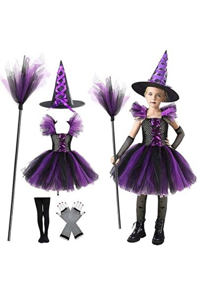 Generic Kids Purple & Black Witch Costume Set – Dress, Pointed Hat & Broom-St...