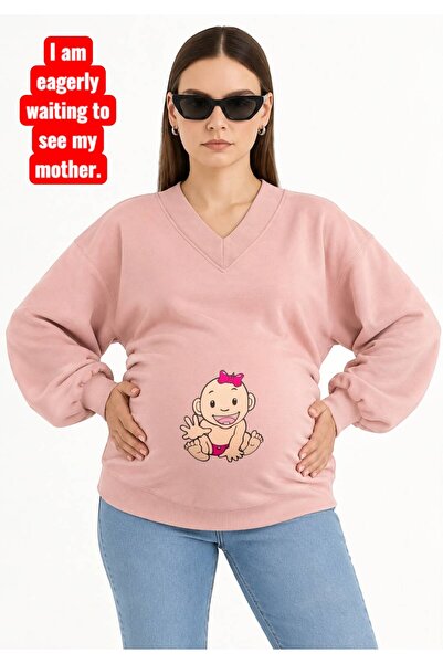 HELLO ROMA 3 Yarn Combed Cotton Hand-Shaking Baby Printed Pregnant V-Neck Swe...