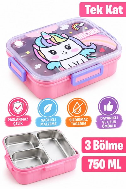 Glanart 750 ml lunchbox unicorn desenli tek katlı 3 bölmeli paslanmaz çelik b...