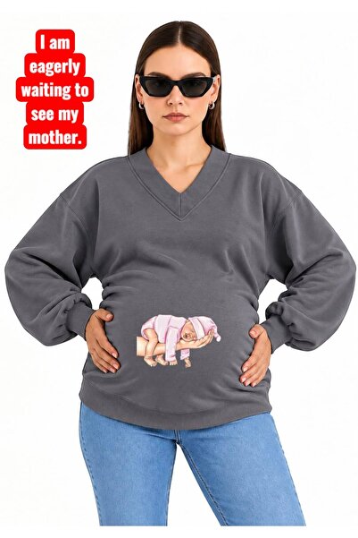 HELLO ROMA 3 Yarn Combed Cotton Hand-Printed Baby Printed Pregnant V-Neck Swe...
