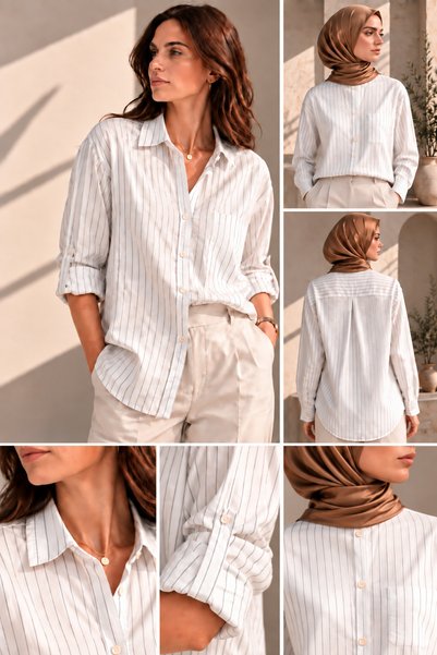 Norando Kadın Beyaz Oversize Çizgili Gömlek Uzun Kollu Düğmeli