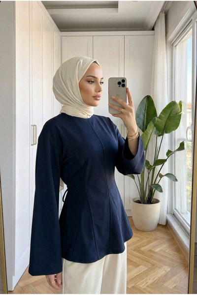 Kirazca Butik Women's Tie-Back Flounce Cut-Out Cuffed Hijab Tunic Blouse 70 cm