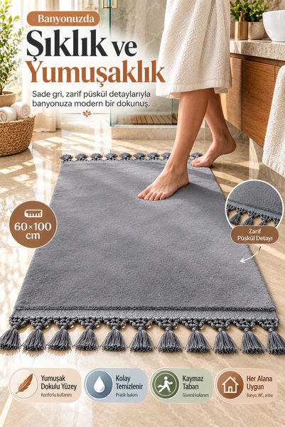OpenCity Gray Tasseled Post Bathroom Rug 60X100 cm Soft Textured Decorative M...