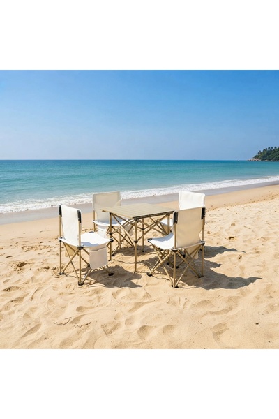 Generic Brand Beige Folding Camping Table with 4 Chairs Set, Portable Outdoor...