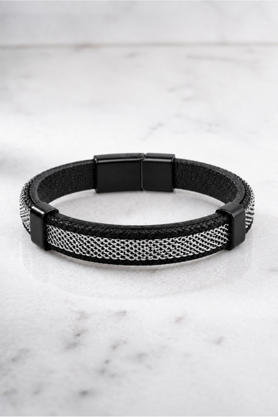 Nereze Chrome Plated Wicker Model Leather Detailed Men's Steel Bracelet