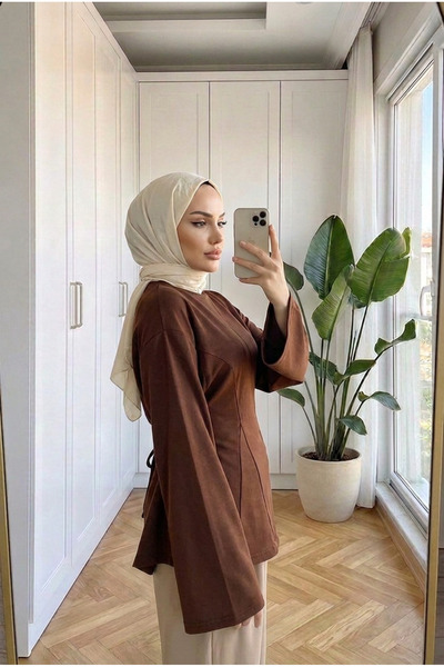 Kirazca Butik Women's Tie-Back Flounce Cut-Out Cuffed Hijab Tunic Blouse 70 cm