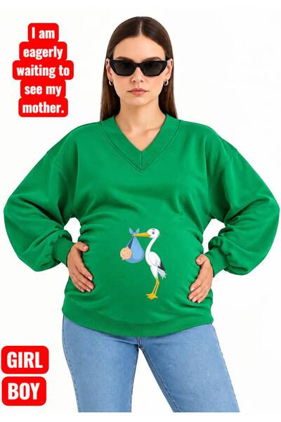 HELLO ROMA 3 Yarn Combed Cotton Baby-Praying Stork Printed Pregnant V-Neck Sw...