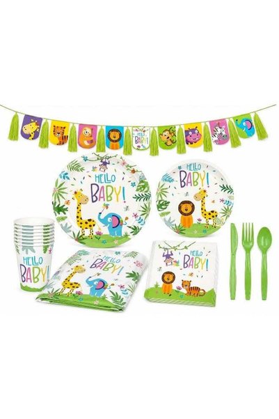 Generic 114 Pcs Jungle Animal Baby Party Tableware Set for 16 Guests, Disposa...