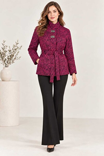 Bad Jk26-01 - Women's jacket, fuchsia jacquard fabric with Printed and belted