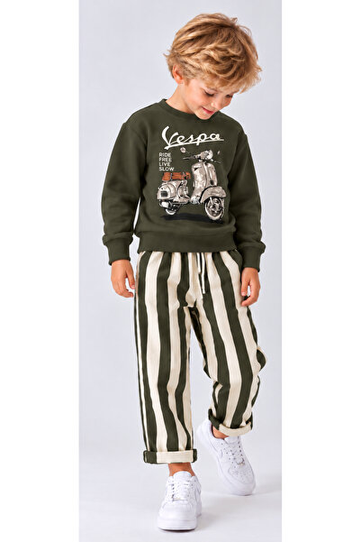 İrem Çocuk Giyim Boy's Motorcycle Lettering Patterned Striped Model Double Le...