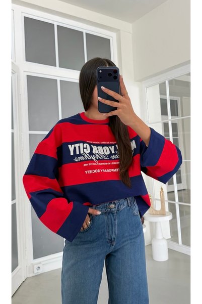 GM Butikk Kadın Çizgili Baskılı Sweatshırt