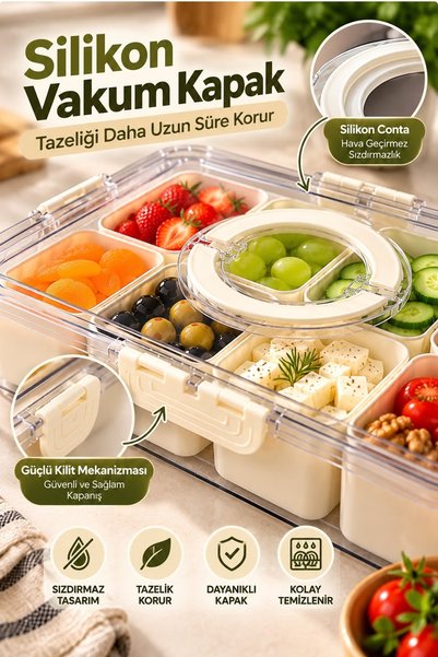 Kitchen Beauty 8 Bölmeli Kahvaltılık Sunum Seti Çıkarılabilir Bölmeli Kilitli Kapaklı Taşınabilir Saklama Kabı