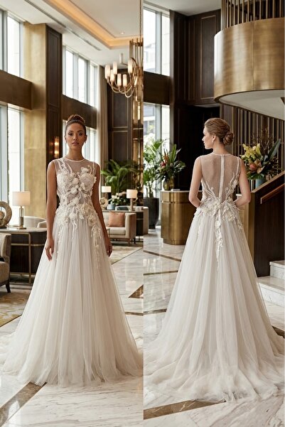 JABO WEDDİNG HOUSE GELİNLİK 36 BEDEN KIRIK BEYAZ ÇİÇKE APLİK TAŞ İŞLEME DETAY...