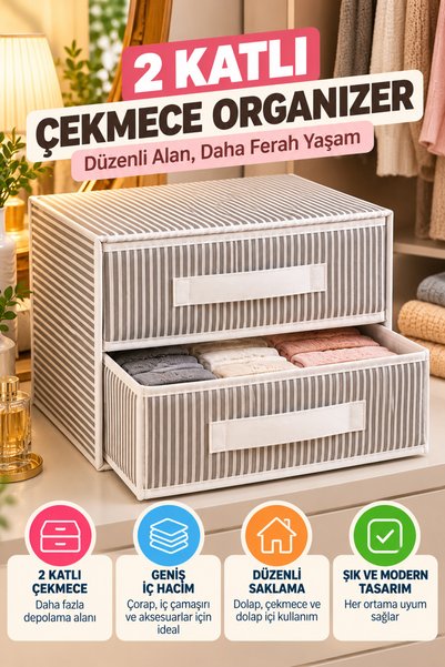 OpenCity 2 Katlı Çekmece Organizer Gri Çizgili Çorap İç Çamaşırı Dolap İçi Dü...