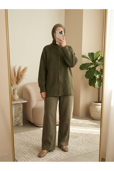 sistem Women's Khaki Zippered Knitwear Cardigan