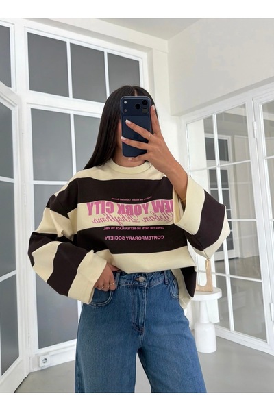 Kadın Çizgili Baskılı Sweatshırt