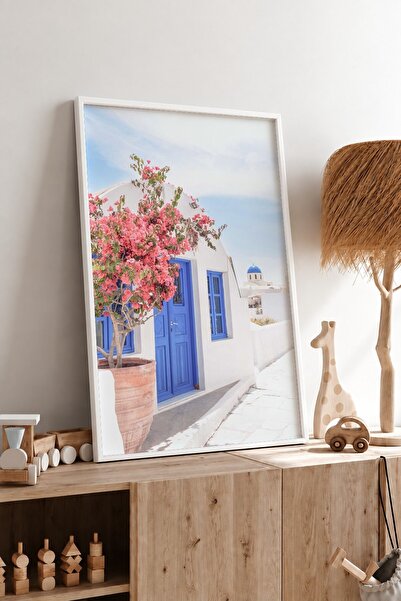 KEYFHOME Santorini bugenvilija i plava vrata uokvirena MDF slika poster dekor...