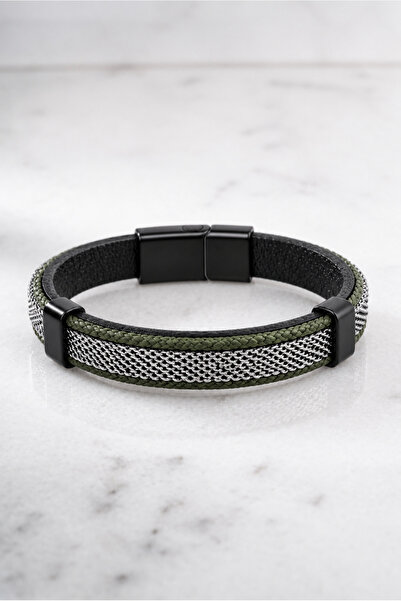 Nereze Chrome Plated Wicker Model Green Rope Leather Detailed Men's Steel Bra...