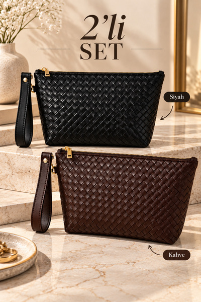 Karena Bags 2’li Çanta Örgü Desenli Portföy El Çantası Bilek Askılı Clutch Çanta