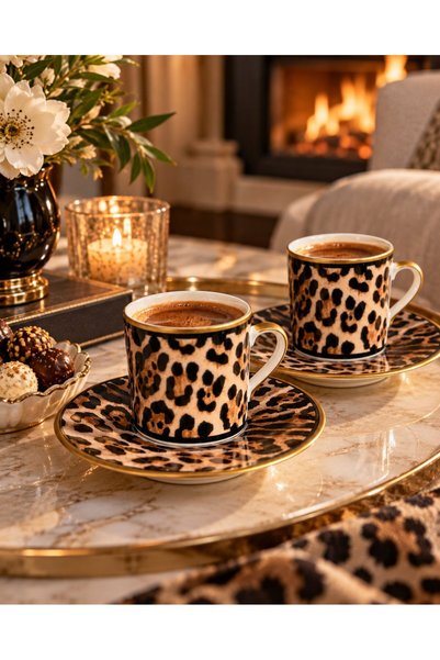 Sunumluxe Leopar Desenli 2 Kişilik Lüks Porselen Kahve Fincanı Takımı