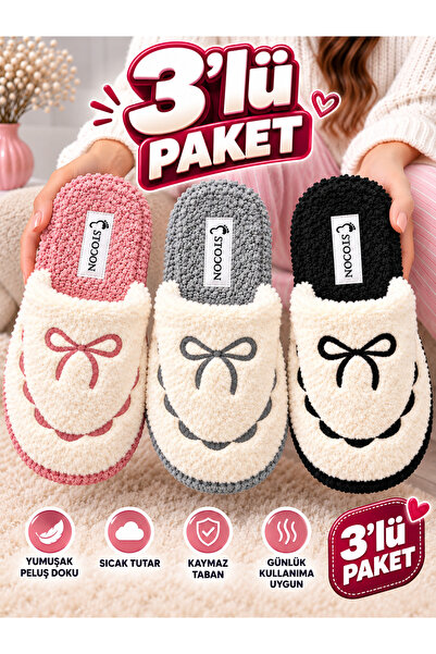 STOCON Yumoş Bowknot Embroidered Plush Women's House Slippers Soft Sole Gift ...
