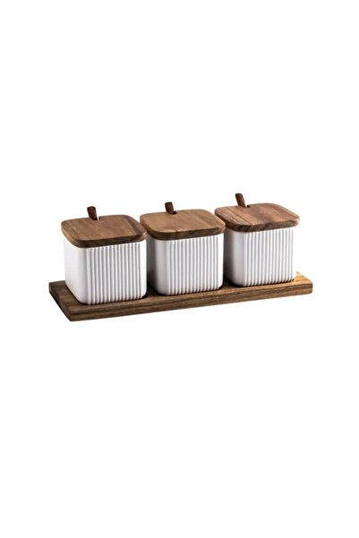 OEM Set de 3 borcane pentru condimente din ceramică și bambus, cu linguriță, ...
