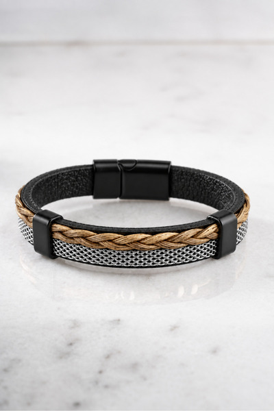 Nereze Straw Model Tan Color Braided Leather Detailed Men's Steel Bracelet