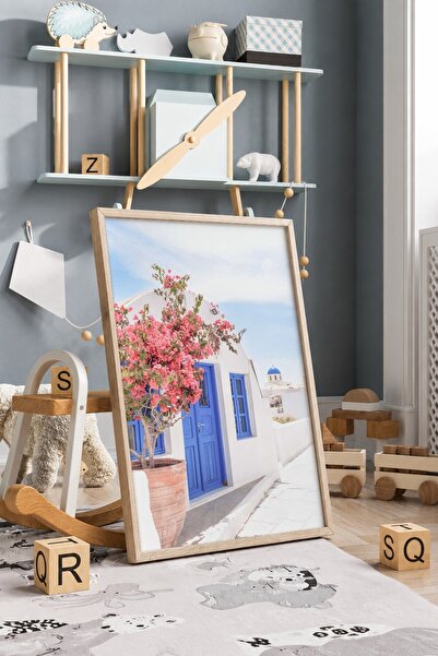 KEYFHOME Santorini bugenvilija i plava vrata uokvirena MDF slika poster dekor...