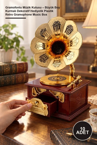 Yenilig 10 Adet Gramofonlu Müzik Kutusu – Büyük Boy Kurmalı Dekoratif Hediyelik Plastik Retro Gramophone Music Box